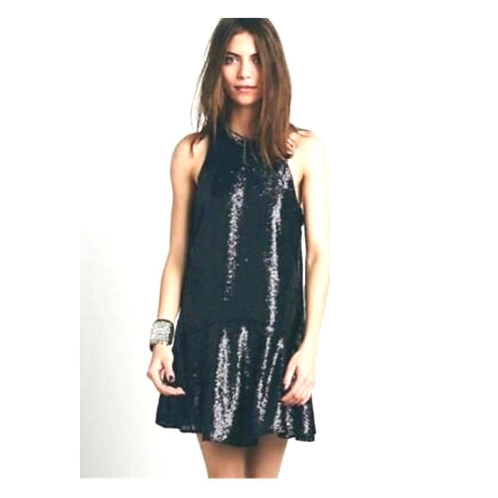 Free People Liquid Shine Black Sequin Dress EUC XS